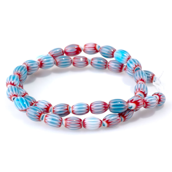 Glass Melon 6x8mm Turquoise & Red Barrel - 14-15 Inch