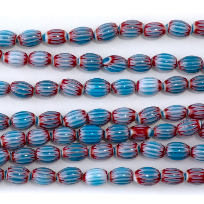 Glass Melon 6x8mm Turquoise & Red Barrel - 14-15 Inch