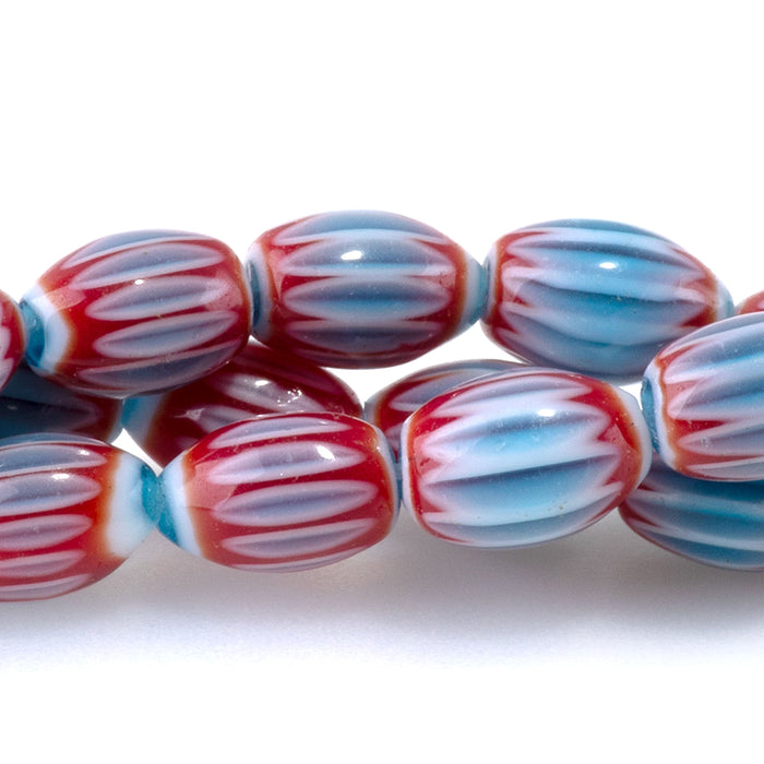 Glass Melon 6x8mm Turquoise & Red Barrel - 14-15 Inch