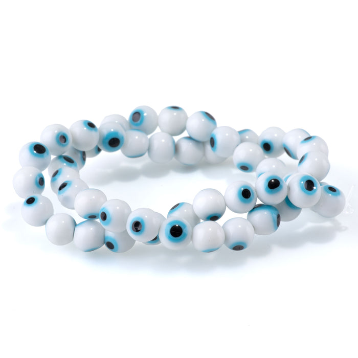 Glass Evil Eye White with Sky Blue 8mm Round - 14-15 Inch