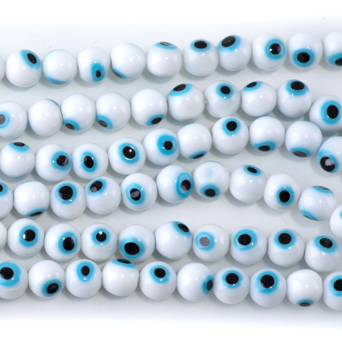 Glass Evil Eye White with Sky Blue 8mm Round - 14-15 Inch