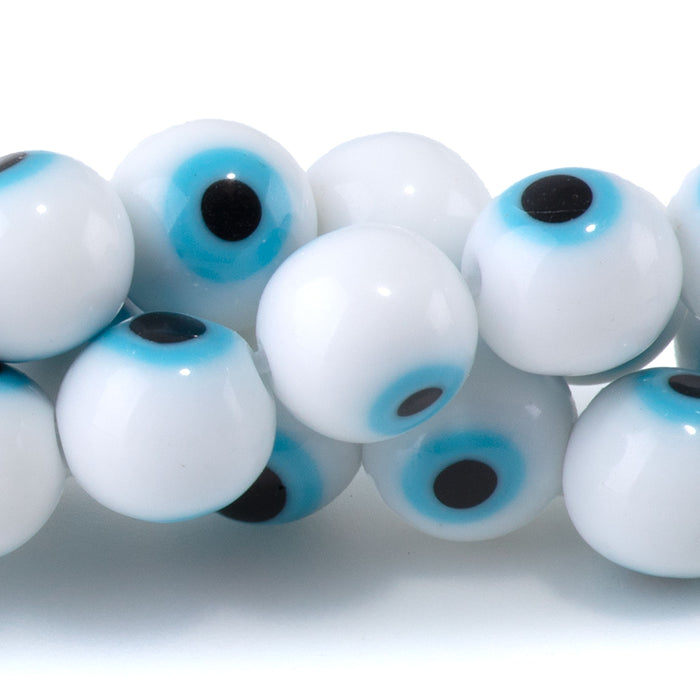 Glass Evil Eye White with Sky Blue 8mm Round - 14-15 Inch