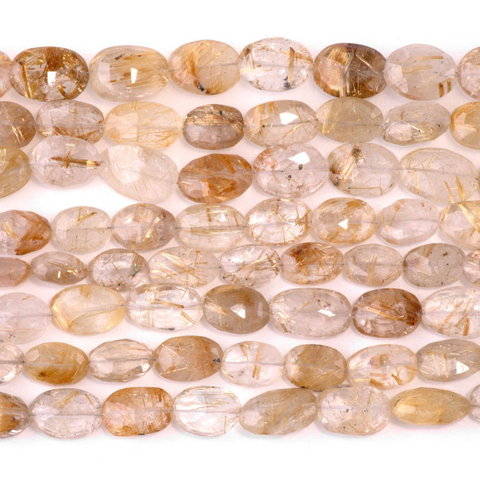 Gold Rutilated Quartz 6x9-9x13mm Faceted Irregular Oval - 8 Inch