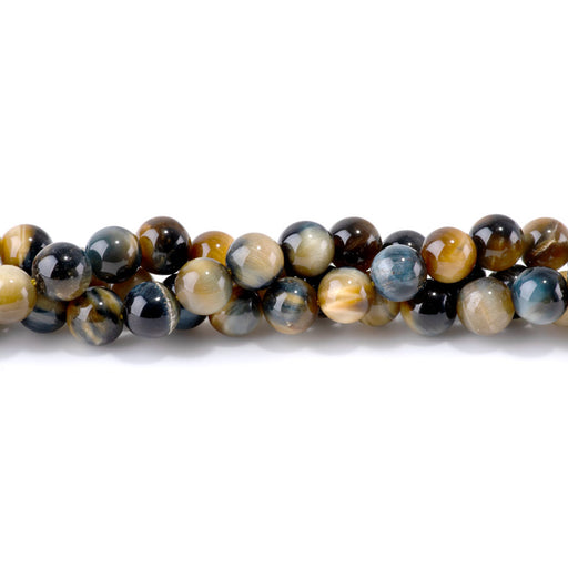 This is a Dakota Stones 10mm Golden Tiger Eye Yellow Blue Gemstone strand with round beads in 15-16 inch strand.