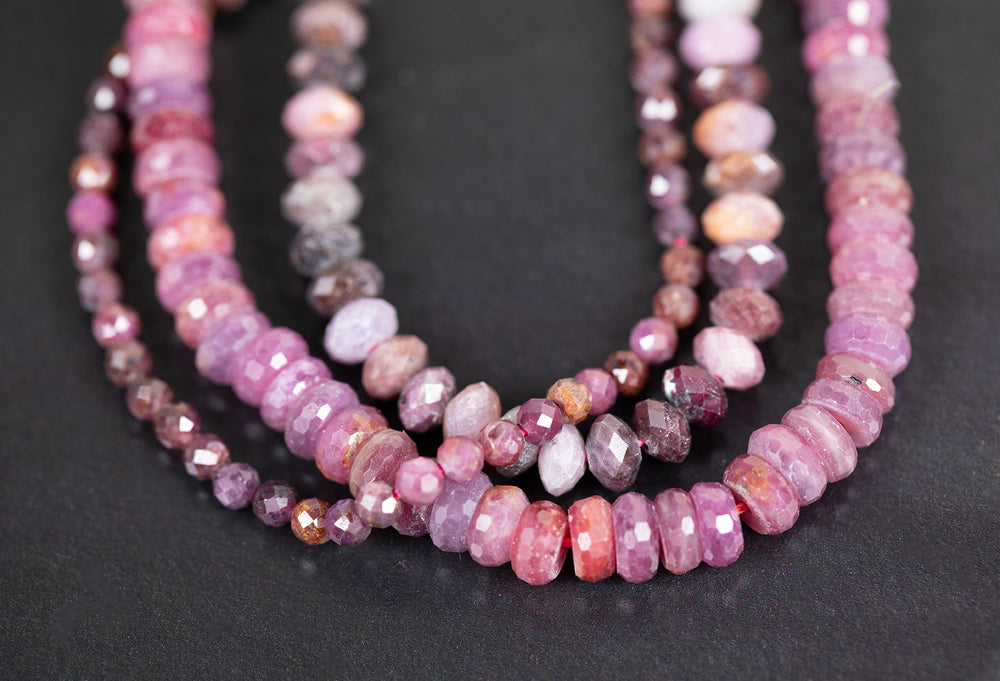Ruby sizes and cuts: 2mm to 8mm, faceted rounds and rondelles