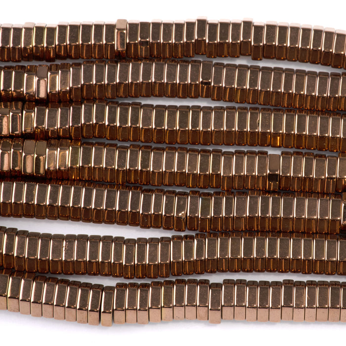 Hematite Antique Brass Plated 2x6mm Hexagon - 15-16 Inch