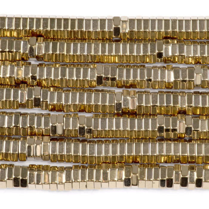Hematite Light Gold Plated 2x6mm Hexagon - 15-16 Inch