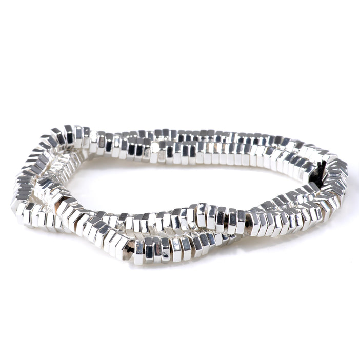 Hematite White Silver Plated 2x6mm Hexagon - 15-16 Inch