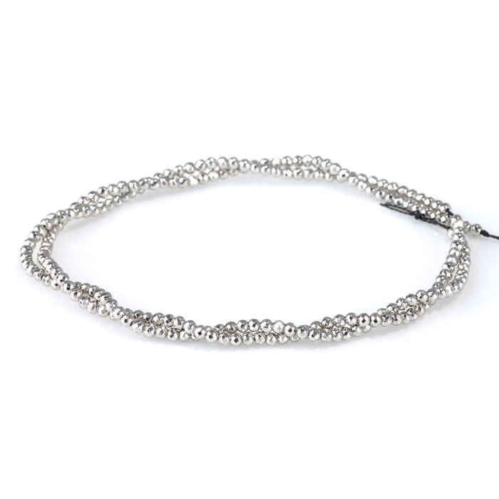 This is a Dakota Stones 2mm Hematite Antique Silver Plated Gemstone strand with faceted round beads in 15-16 inch strand.