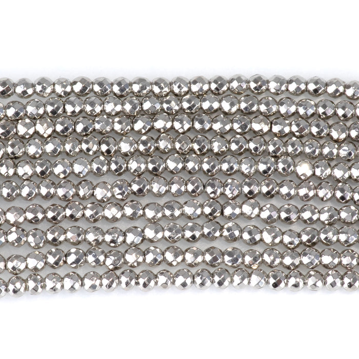 This is a Dakota Stones 2mm Hematite Antique Silver Plated Gemstone strand with faceted round beads in 15-16 inch strand.