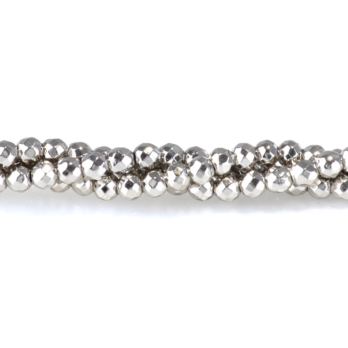 This is a Dakota Stones 2mm Hematite Antique Silver Plated Gemstone strand with faceted round beads in 15-16 inch strand.