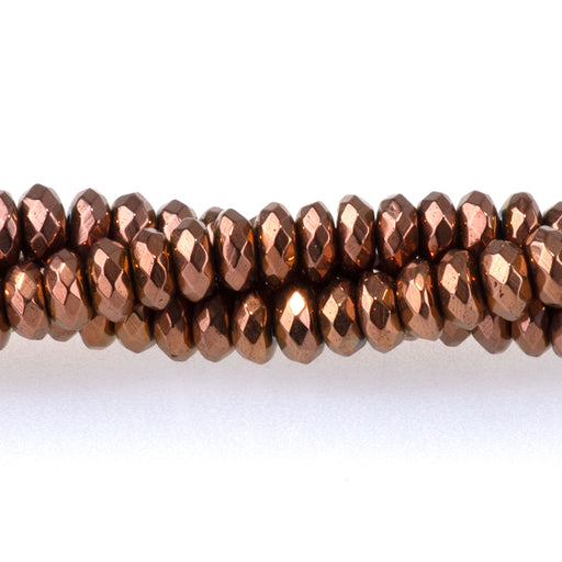 This is a Dakota Stones 4mm Hematite Copper Plated Gemstone strand with faceted rondelle beads in 15-16 inch strand.
