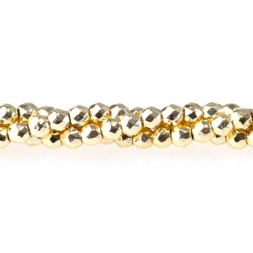 This is a Dakota Stones 2mm Hematite Dark Gold Plated Gemstone strand with faceted round beads in 15-16 inch strand.