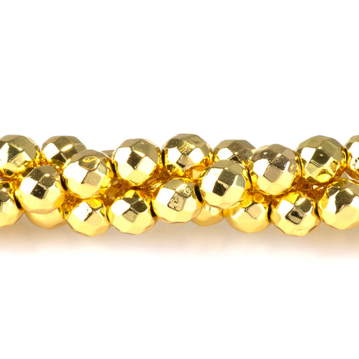 This is a Dakota Stones 4mm Hematite Dark Gold Plated Gemstone strand with faceted round beads in 15-16 inch strand.