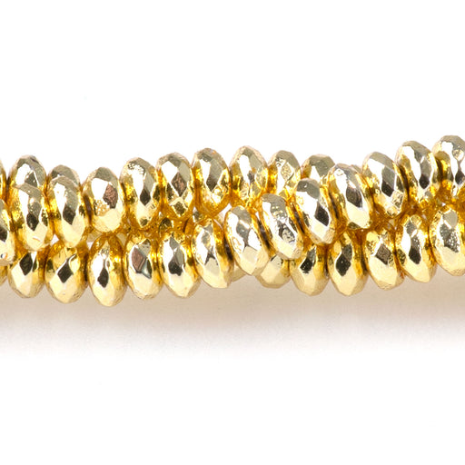 This is a Dakota Stones 4mm Hematite Dark Gold Plated Gemstone strand with faceted rondelle beads in 15-16 inch strand.