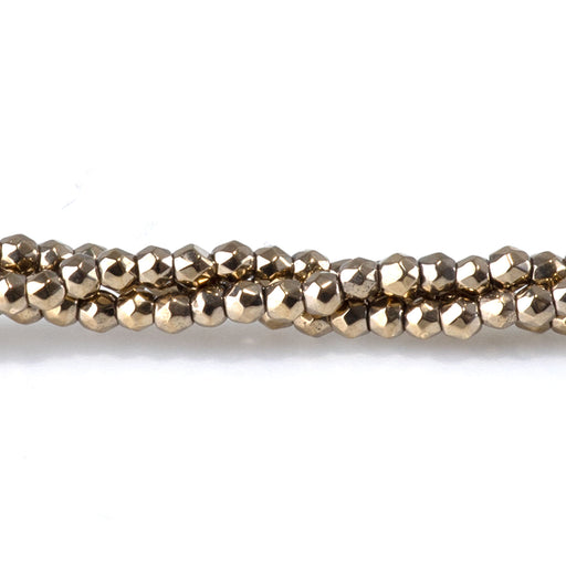 This is a Dakota Stones 2mm Hematite Pyrite Color Plated Gemstone strand with faceted round beads in 15-16 inch strand.