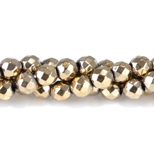 This is a Dakota Stones 4mm Hematite Pyrite Plated Gemstone strand with faceted round beads in 15-16 inch strand.