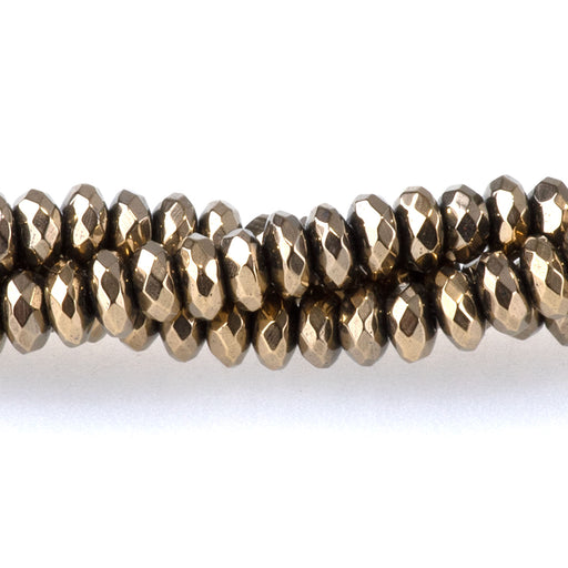 This is a Dakota Stones 4mm Hematite Pyrite Plated Gemstone strand with faceted rondelle beads in 15-16 inch strand.