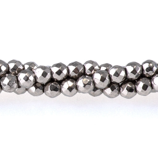 This is a Dakota Stones 3mm Hematite Steel Plated Gemstone strand with faceted round beads in 15-16 inch strand.