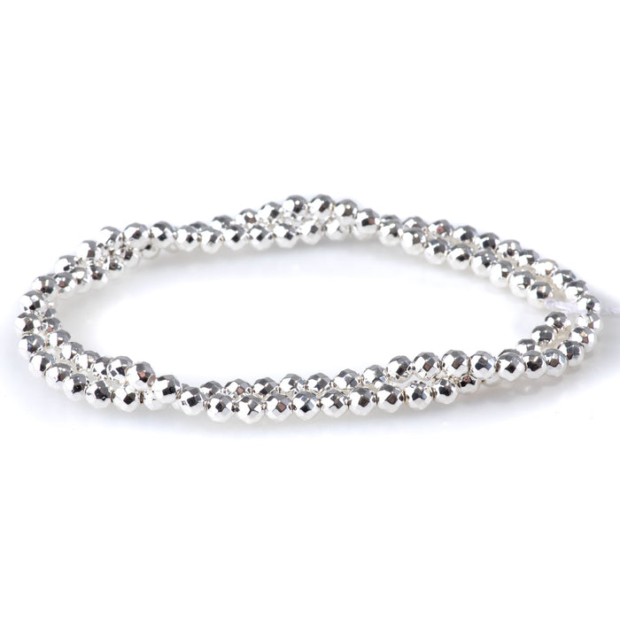 Hematite White Silver Plated 4mm Faceted Round 15-16 Inch