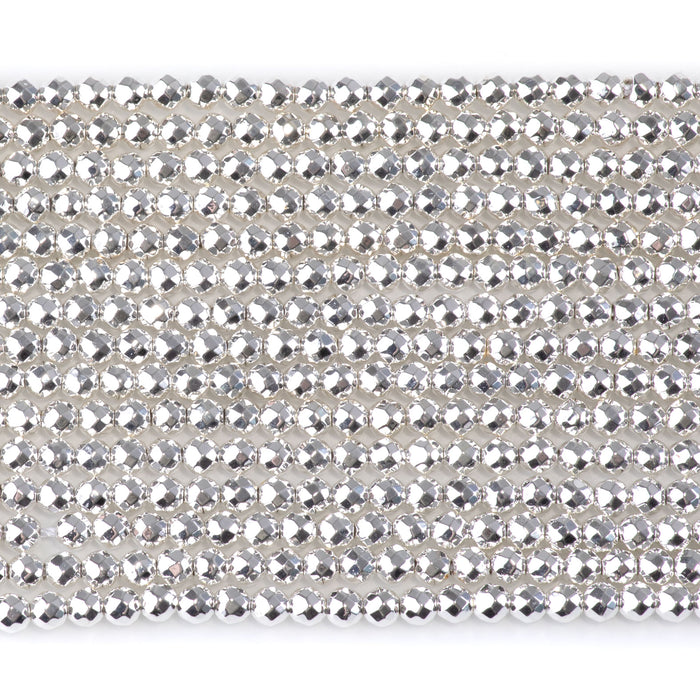 Hematite White Silver Plated 4mm Faceted Round 15-16 Inch