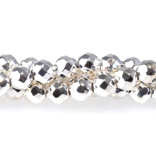 This is a Dakota Stones 4mm Hematite White Silver Plated Gemstone strand with faceted round beads in 15-16 inch strand.