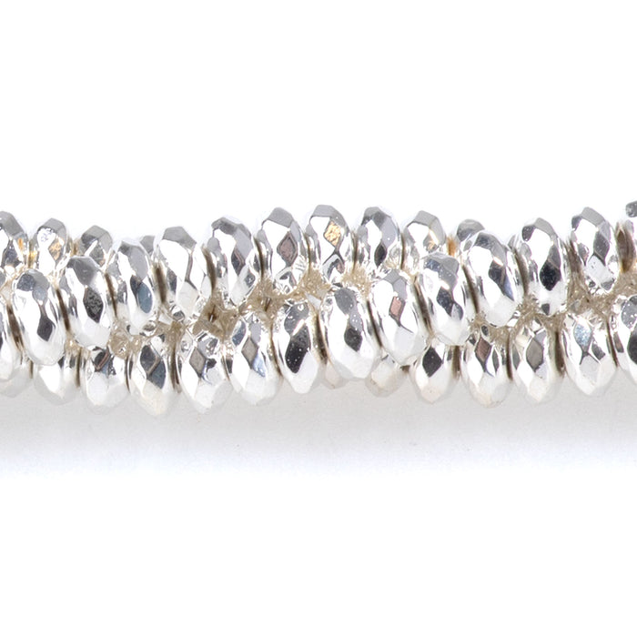 Hematite White Silver Plated 4mm Faceted Rondelle 15-16 Inch