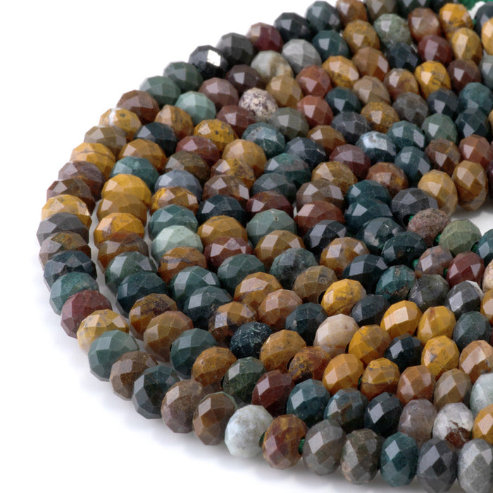 This is a Dakota Stones 5x8mm Kabamby Ocean Jasper Large Hole Gemstone strand with faceted rondelle beads in 8 inch strand.