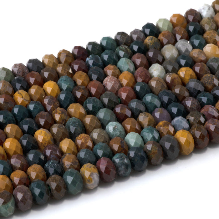 This is a Dakota Stones 5x8mm Kabamby Ocean Jasper Large Hole Gemstone strand with faceted rondelle beads in 8 inch strand.