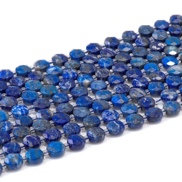 This is a Dakota Stones 8mm Lapis Gemstone strand with star cut faceted coin beads in 15-16 inch strand.