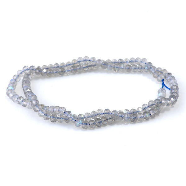 This is a Dakota Stones 4mm AAA Labradorite Gemstone strand with AAA grade faceted rondelle beads in 15-16 inch strand.