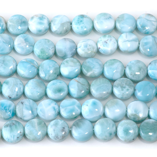 This is a Dakota Stones 10mm Larimar Puff Gemstone strand with AAA grade coin beads in 15-16 inch strand.
