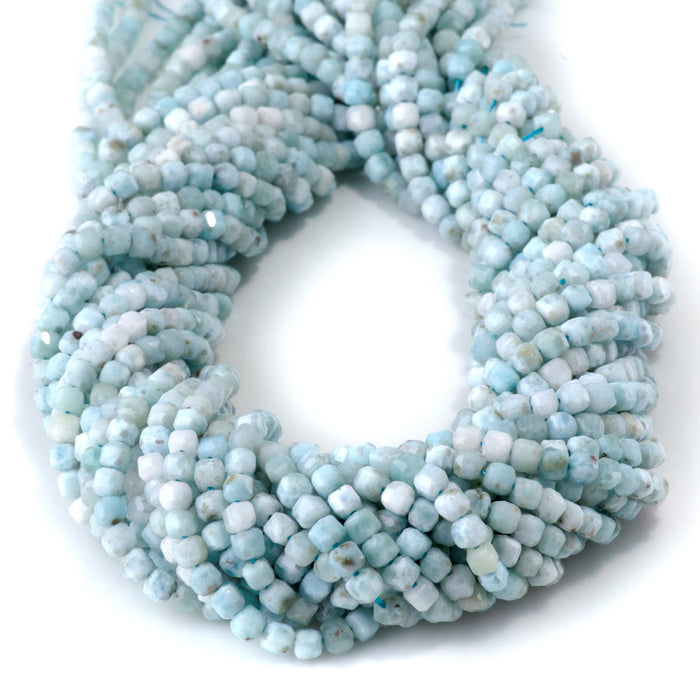 This is a Dakota Stones 3mm Larimar Gemstone strand with A grade faceted cube beads in 15-16 inch strand.