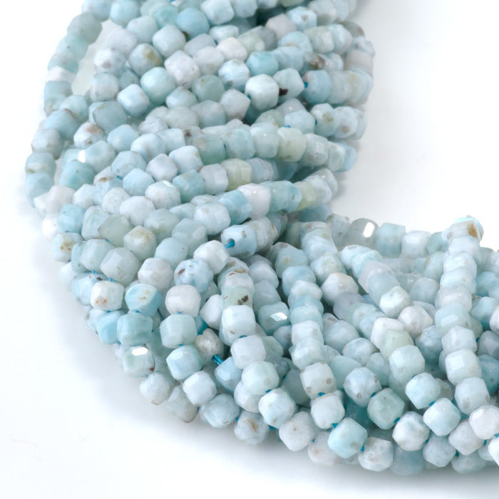 This is a Dakota Stones 3mm Larimar Gemstone strand with A grade faceted cube beads in 15-16 inch strand.