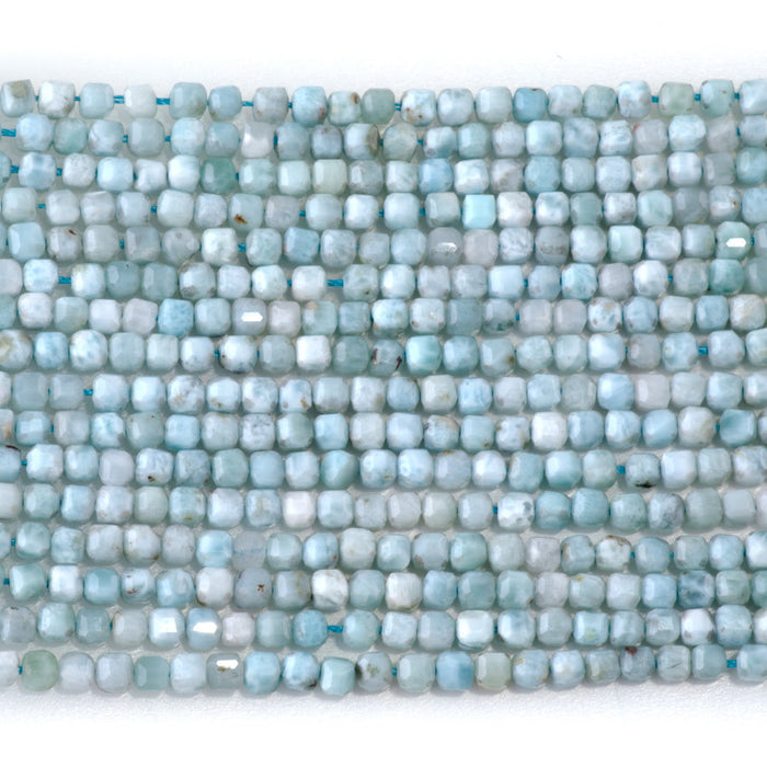 This is a Dakota Stones 3mm Larimar Gemstone strand with A grade faceted cube beads in 15-16 inch strand.