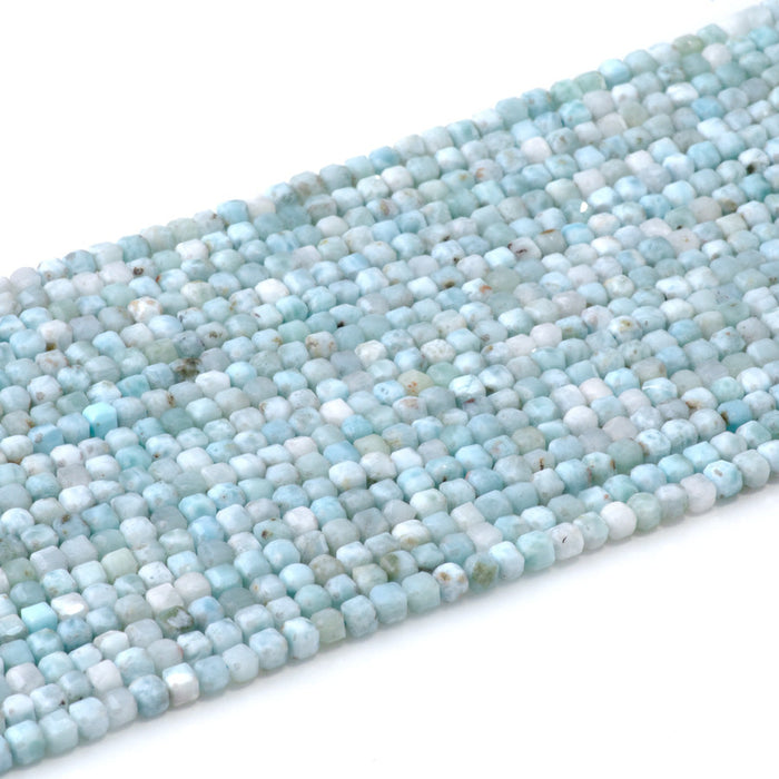 This is a Dakota Stones 3mm Larimar Gemstone strand with A grade faceted cube beads in 15-16 inch strand.