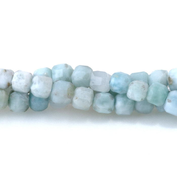 This is a Dakota Stones 3mm Larimar Gemstone strand with A grade faceted cube beads in 15-16 inch strand.