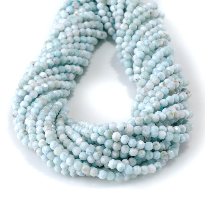 This is a Dakota Stones 3mm Larimar Gemstone strand with A grade faceted round beads in 15-16 inch strand.