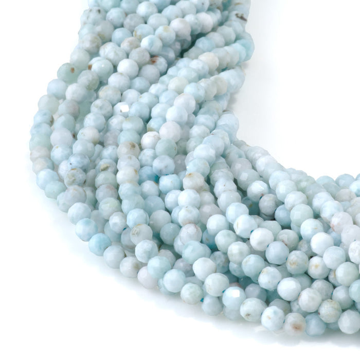 This is a Dakota Stones 3mm Larimar Gemstone strand with A grade faceted round beads in 15-16 inch strand.