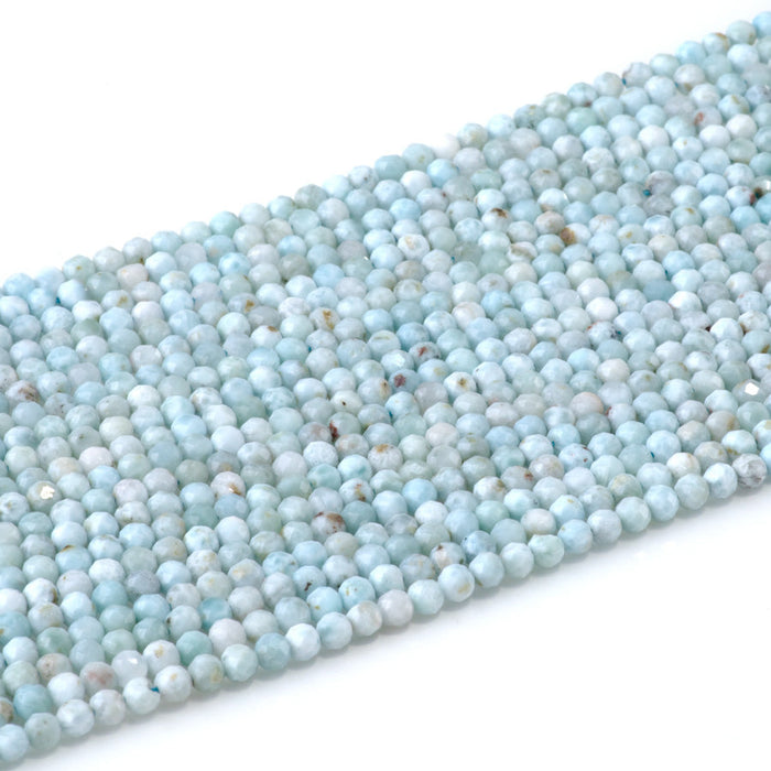 This is a Dakota Stones 3mm Larimar Gemstone strand with A grade faceted round beads in 15-16 inch strand.