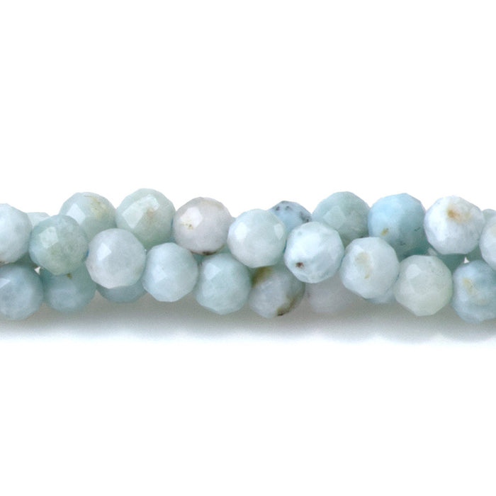 This is a Dakota Stones 3mm Larimar Gemstone strand with A grade faceted round beads in 15-16 inch strand.