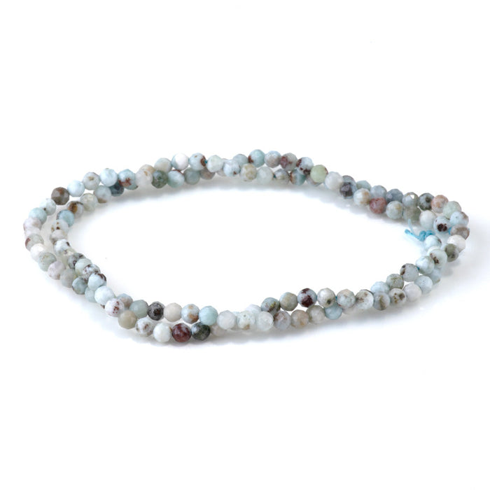 This is a Dakota Stones 3mm Larimar Matrix Gemstone strand with faceted round beads in 15-16 inch strand.