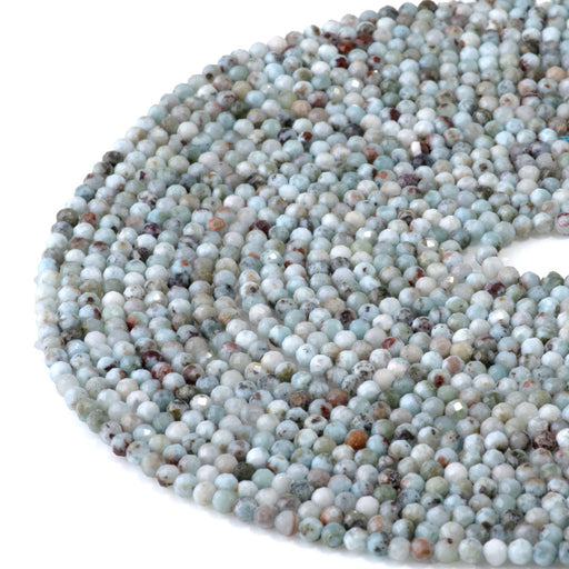 This is a Dakota Stones 3mm Larimar Matrix Gemstone strand with faceted round beads in 15-16 inch strand.