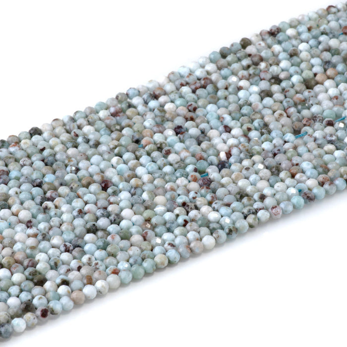 This is a Dakota Stones 3mm Larimar Matrix Gemstone strand with faceted round beads in 15-16 inch strand.