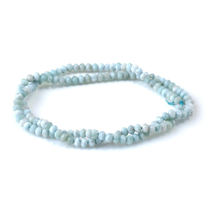 This is a Dakota Stones 3x4mm Larimar Gemstone strand with AA grade faceted rondelle beads in 15-16 inch strand.