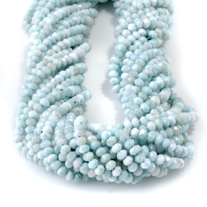 This is a Dakota Stones 3x4mm Larimar Gemstone strand with AA grade faceted rondelle beads in 15-16 inch strand.