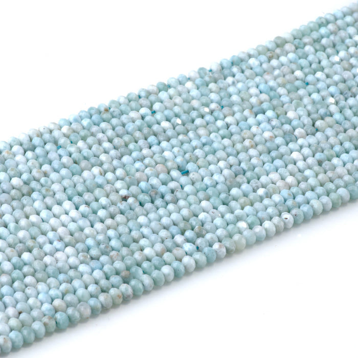 This is a Dakota Stones 3x4mm Larimar Gemstone strand with AA grade faceted rondelle beads in 15-16 inch strand.