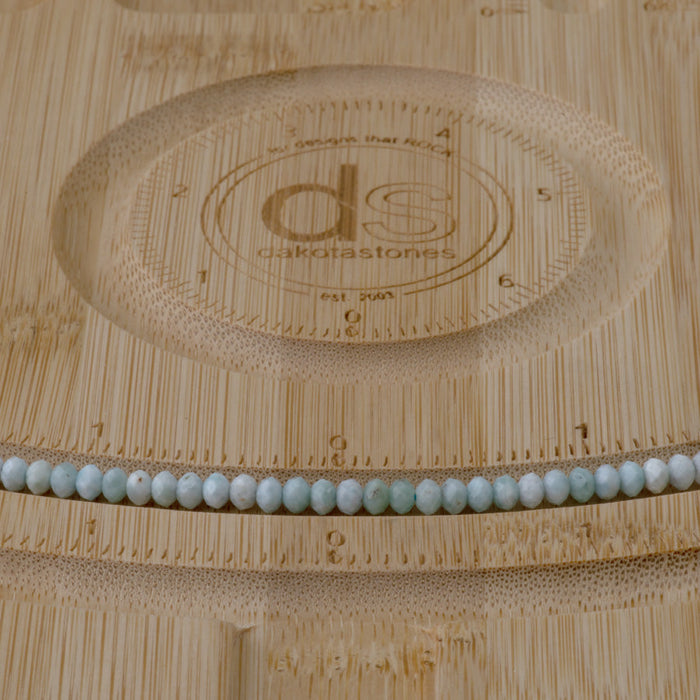 This is a Dakota Stones 3x4mm Larimar Gemstone strand with AA grade faceted rondelle beads in 15-16 inch strand.