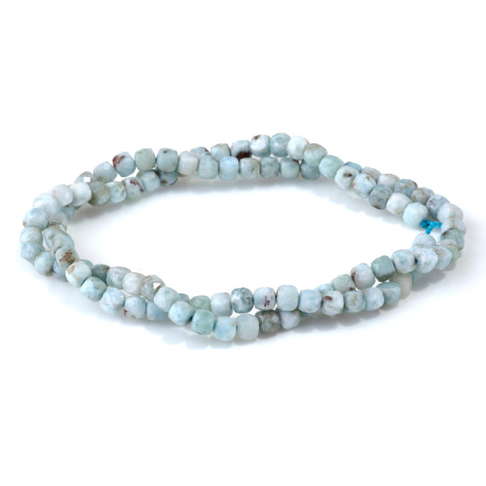 This is a Dakota Stones 4mm Larimar Gemstone strand with A grade faceted cube beads in 15-16 inch strand.