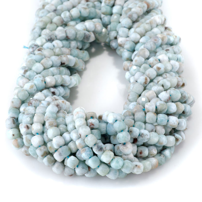 This is a Dakota Stones 4mm Larimar Gemstone strand with A grade faceted cube beads in 15-16 inch strand.